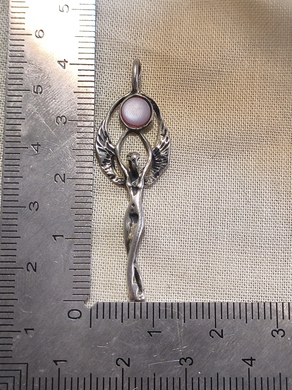 Vintage 925 Sterling Silver Winged Goddess Pendant with Pink Cabochon